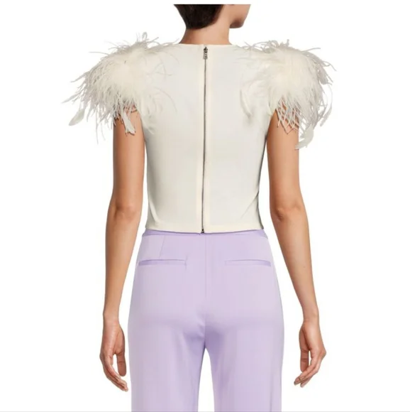 Alice + Olivia Cream Feather Sleeve Crop Top - Picture 8 of 8